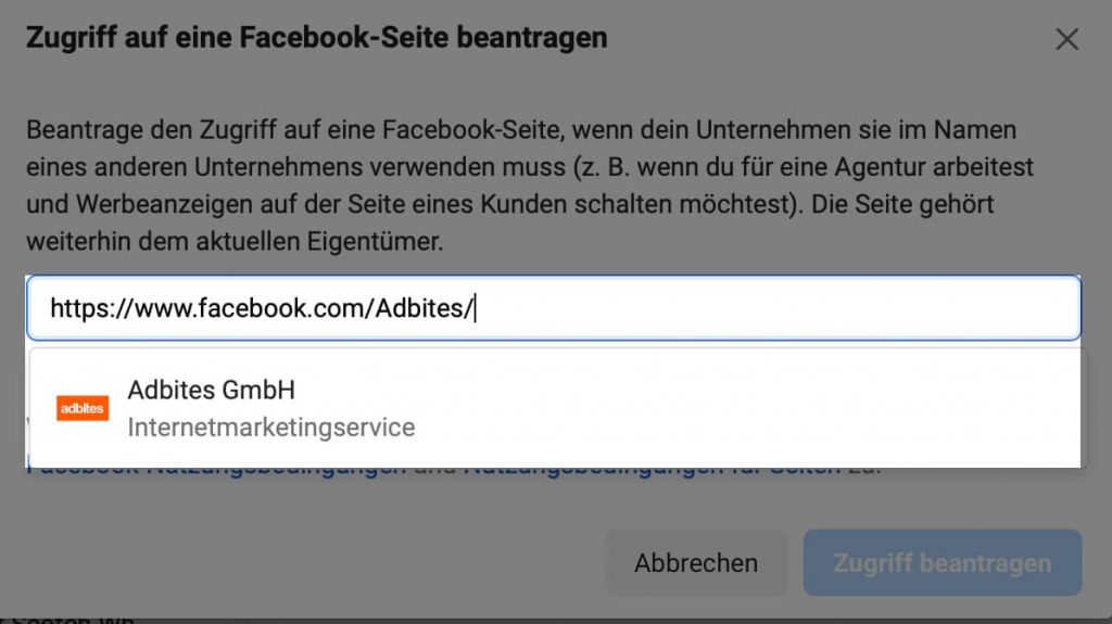 URL zur Facebook Seite eingeben und den Zugriff beantragen.